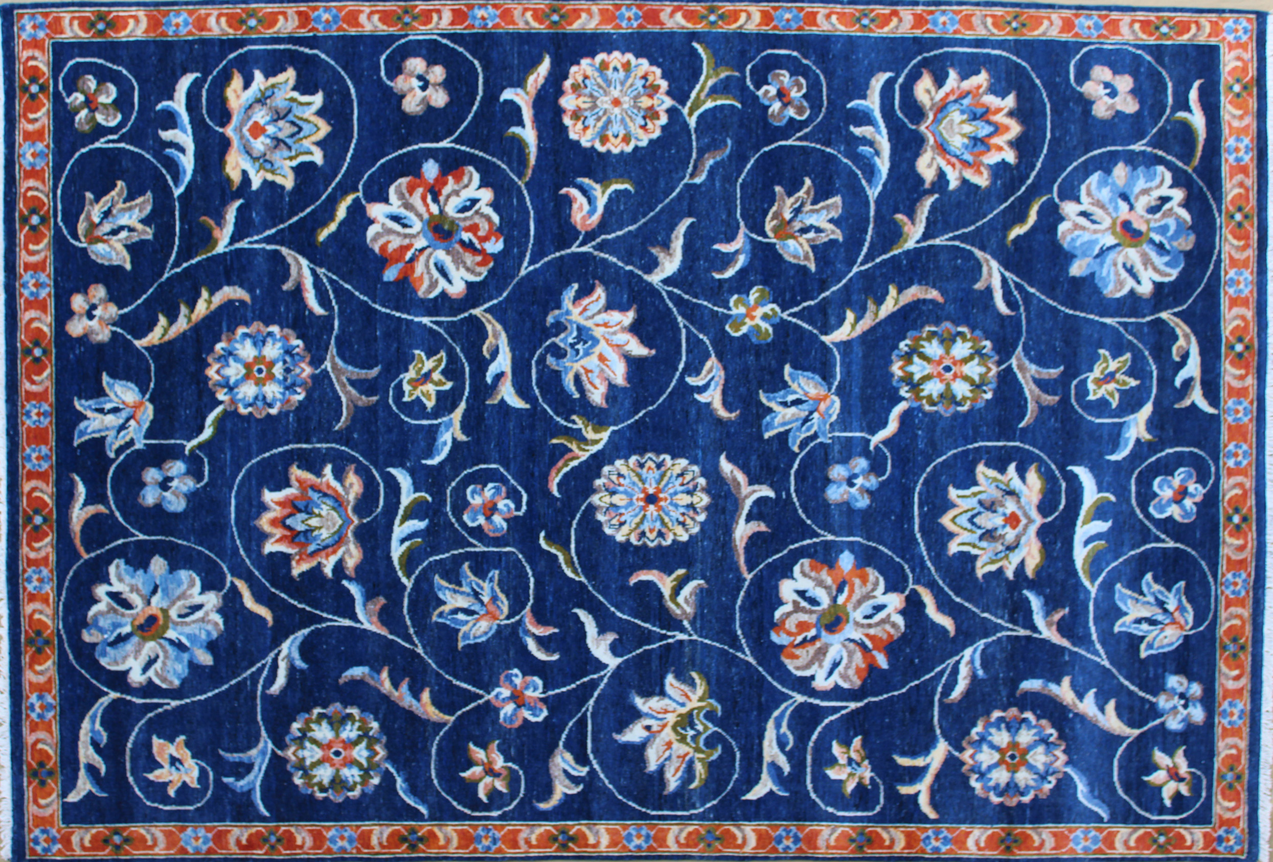 Kerman Oushak mix Navy Floral Scroll Rug 8ft x 10ft - Handknotted Carpet Manufacturer Mirzapur